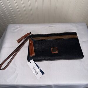 Dooney & Bourke Kirby Tatum Wristlet Clutch Wallet Zip Top Black Brown Tassels